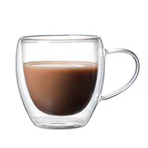 Logo personalizzato tazza da caffè in vetro a doppia parete isolata in vetro borosilicato resistente al calore trasparente con manico