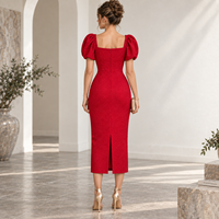 Robe midi pour femme en jacquard floral tissé, à manches bouffantes, col cœur, coupe ajustée, pour occasions formelles, marque privée