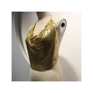 GC006-Mini vestido de fiesta de metal con lentejuelas para mujer, Mini vestido dorado con cadena, Espalda descubierta, cuello de capó