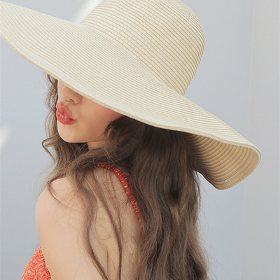 Korean Fashion Elegant Ladies Summer Large Wide Brim Adjustable Floppy Sun Hats Women Foldable Beach Straw Hats 2021 New Design