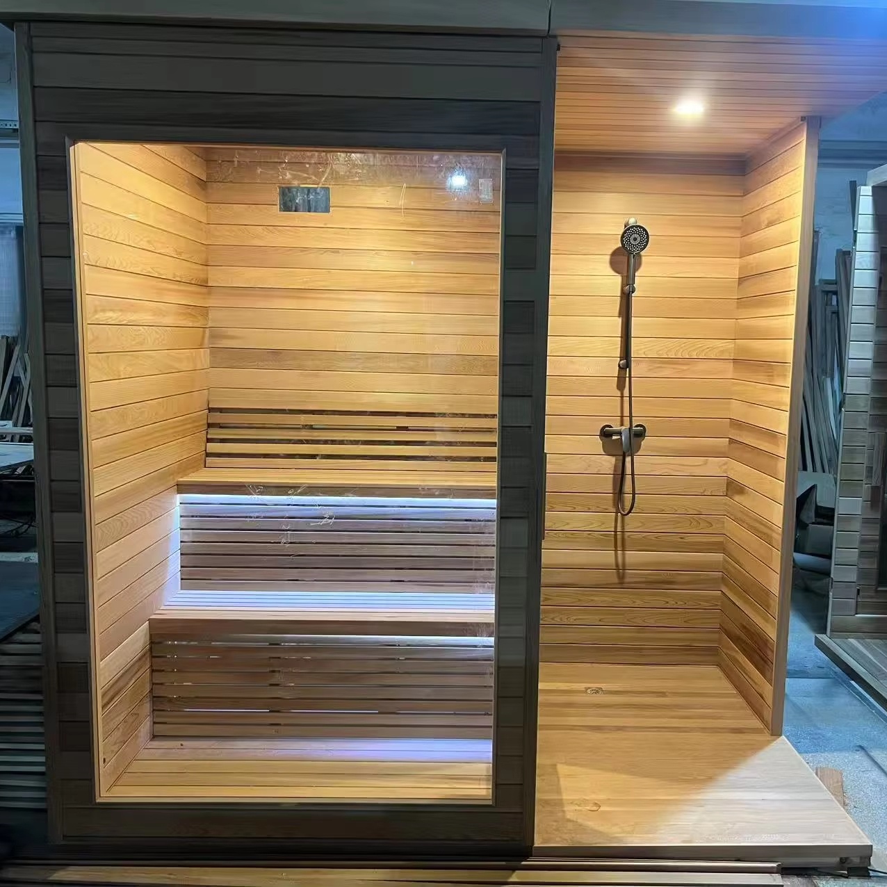 Compact Outdoor Pine Wood Sauna with Shower for Balcony Steamer Heating Wet Steam Function Solid Wood Control Panel Accessory