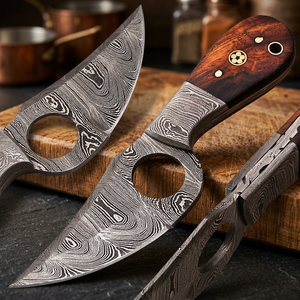 Couteau de chasse artisanal en acier inoxydable à pointe tombante, pleine longueur, avec trou pour le pouce et manche en bois, étui en cuir - Product Image 3