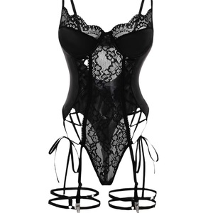Combinaison sexy et séduisante, soutien-gorge push-up en cuir PU avec garniture en dentelle, sous-vêtements moulants, style boîte de nuit 9359 - Product Image 5