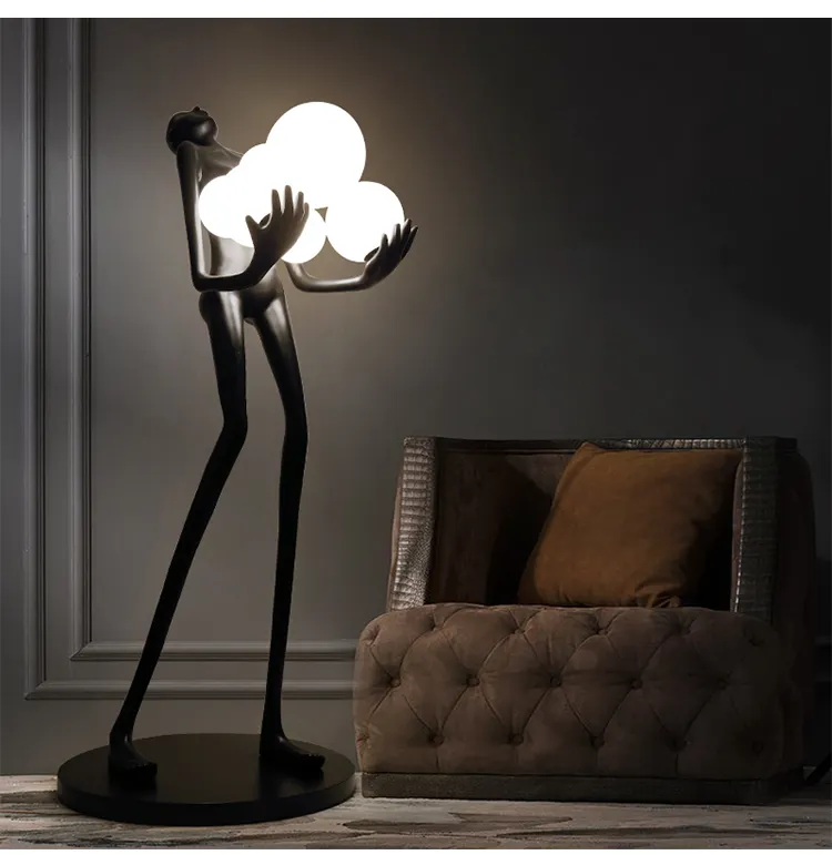 Diseñadores nórdicos modernos Arte Creativo figura abstracta escultura brazo largo bola lámpara de pie para sala de exposiciones de hotel