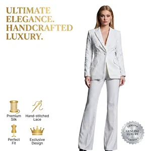 Completo Due Pezzi da Donna con Blazer Ricamato in Pizzo e Pantaloni a Gamba Larga, Elegante e Formale per Ufficio, in Seta Bianca di Lusso Personalizzato Jinyuan - Product Image 1