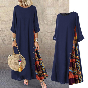Robe longue décontractée de luxe en coton et lin pour femme, style vintage, taille empire, manches 3/4, collection automne 2025 - Product Image 1
