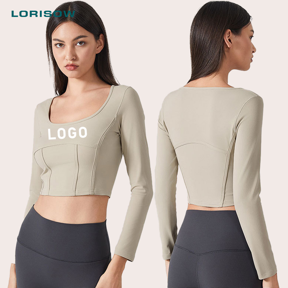 LORISOW Yoga Tops Long Sleeve Square Neck Slim Fit Workout Shirts Cropped Fitness Yoga Top For Gym Running Fitness