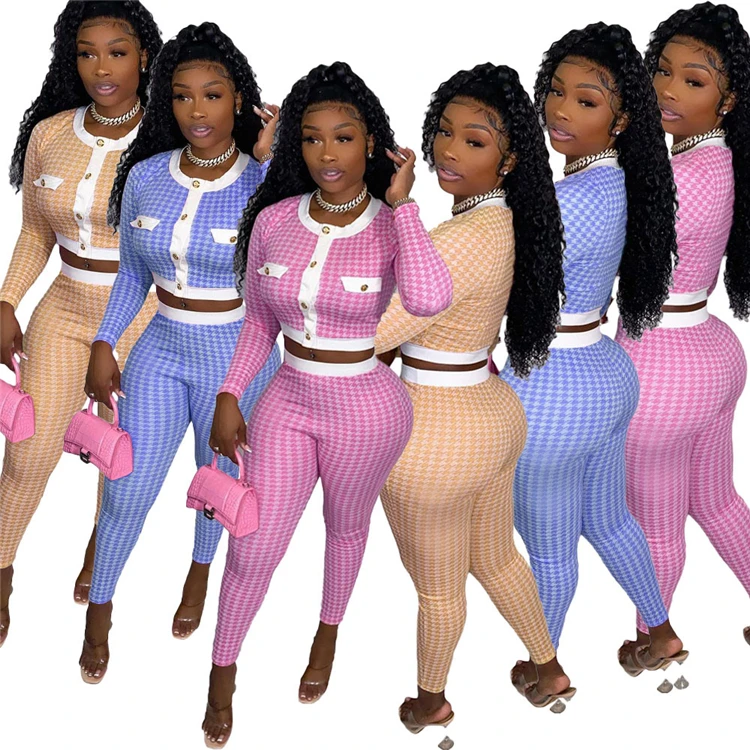 Модный осенне-зимний клетчатый укороченный топ с длинными рукавами и несколькими пуговицами, облегающие брюки для бега, комплект одежды для отдыха, комплект из двух предметов, женская одежда