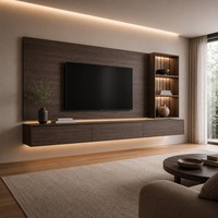 Maßgefertigter TV-Schrank mit Schwebender Basis, Medienwand-Panel, Beleuchteten Regalen und Wohnzimmer-Aufbewahrungssystem-Design