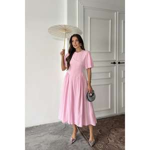 Vestido de Lino Rosa con Corte en A, Cuello Redondo, Cintura Natural, Transpirable, Informal, para Uso Diario, Tejido de Lino - Product Image 5