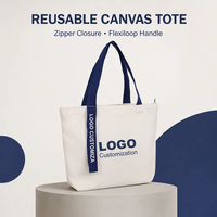Sac fourre-tout en toile réutilisable et écologique avec logo personnalisé, fermeture éclair, lettres personnalisables, taille flexible, poignée Flexiloop pour le shopping en extérieur