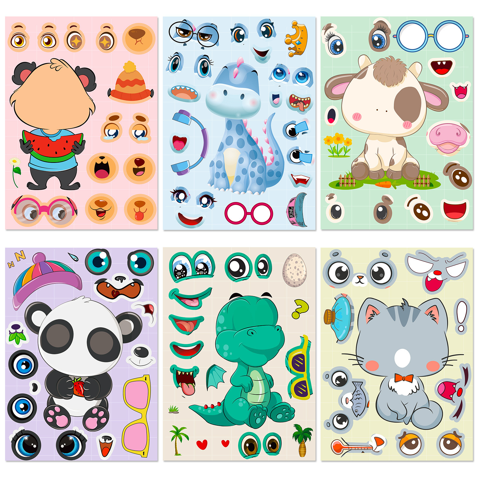 6-t01041017 - Motifs de visages de dessins animés créés - 6 feuilles/sachet
