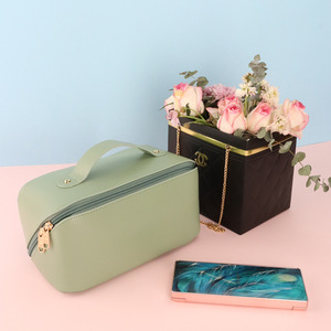 Bolsa de Cosméticos Premium de PU, Gran Capacidad, Portátil, Organizador de Maquillaje para Mujer, Color Sólido, Costuras Macaron, Asa Suave - Product Image 2