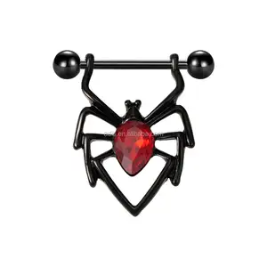 Hochglanz polierter schwarzer Fledermaus-Zungen ring aus chirurgischem Stahl 14G 16mm roter Edelstein-Piercing-Nippel ring