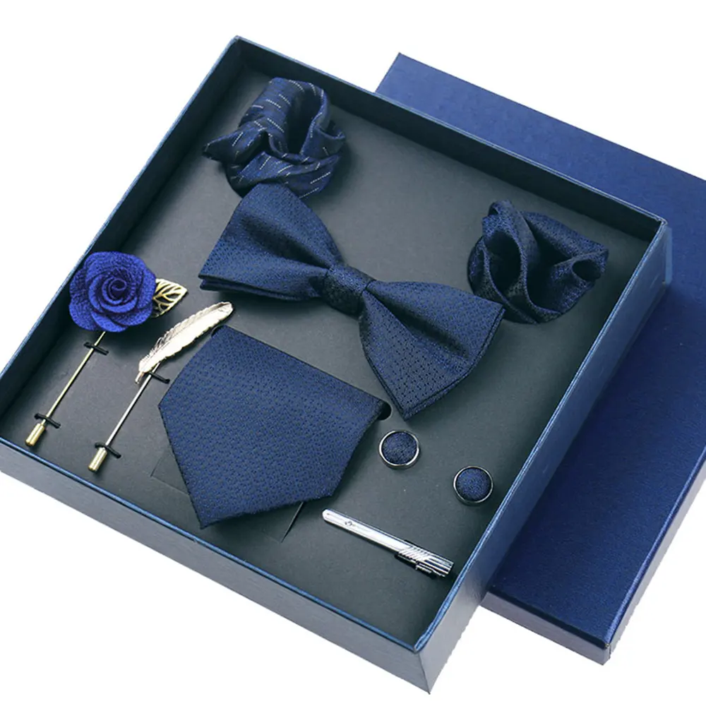 Fashion Royal Blue Burgundy Tie set With Pocket Square Cuff links As A Gift For Father Husband