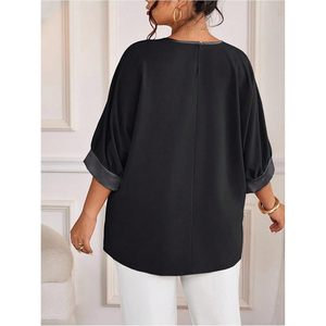 Blusa de Talla Grande para Mujer FOXA, Manga 3/4, Cuello Redondo, Satén de Seda, Manga Murciélago, Diseño Empalmado, Elegante, Casual, para Salir - Product Image 2