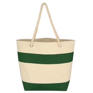 Sac fourre-tout réutilisable en toile rayée vierge avec poignées en corde, sacs de plage pliables en toile de coton pour femmes avec logo personnalisé, vente en gros - Product Image 1