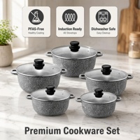 Ensemble de 10 casseroles classiques en aluminium moulé sous pression, revêtement céramique antiadhésif gris granit, compatible induction, couvercles en verre, passe au lave-vaisselle (OEM)