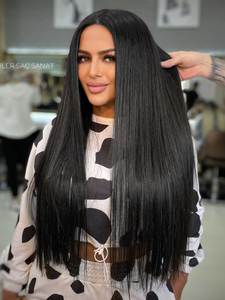 Siyah Uzun İpeksi Düz Sentetik Klipsli Saç Uzatma Seti 6 Parça Sentetik Elyaf Doğal ve Gerçekçi 26 inç - Product Image 1