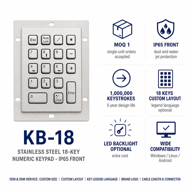 KB-18 Custom IP65 Waterproof Industrial Stainless Steel 18 Keys Panel Mount Numeric Keypad USB/PS2 for Medical Equipment