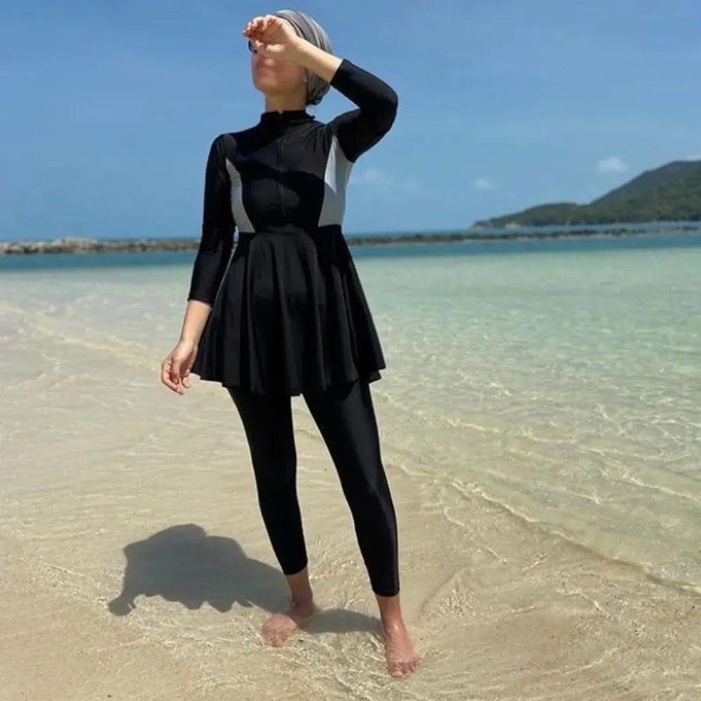 Nouveau Modeste personnalisé noir musulman 3 pièces Bikini Patchwork avant fermeture éclair maillot de bain femmes islamique Hijab ventre contrôle maillots de bain Burkini