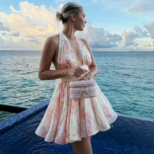 Vestido Mini Halter Floral Romántico Francés para Mujer, Vestido Corto con Cintura Ajustada y Falda Acampanada, Vestido de Verano para Playa, Vacaciones y Fiestas - Product Image 3