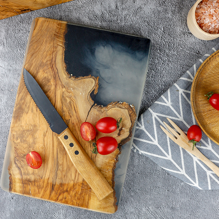 Personnalisé Petit Artisanat Irrégulier Bois D'olivier Résine Décoratif Fromage Fruits Alimentaire Conseil De Service