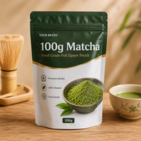 Sachet de 100g de poudre de thé vert Matcha, emballage en aluminium alimentaire avec fermeture éclair