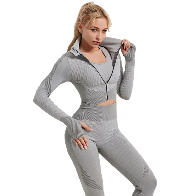 Wholesale Seamless 2 pieces Yoga Suit Casual Gym Fitness Workout Activewear Yoga Suit Leggings Zip-up Long Sleeve Shirt Set