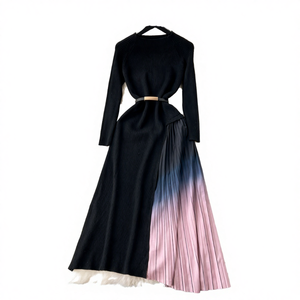 Vestidos Midi de Punto y Crochet para Mujer, Primavera/Otoño/Invierno, Casuales, con Parches, Degradado de Color, Manga Larga, Elegantes - Product Image 4