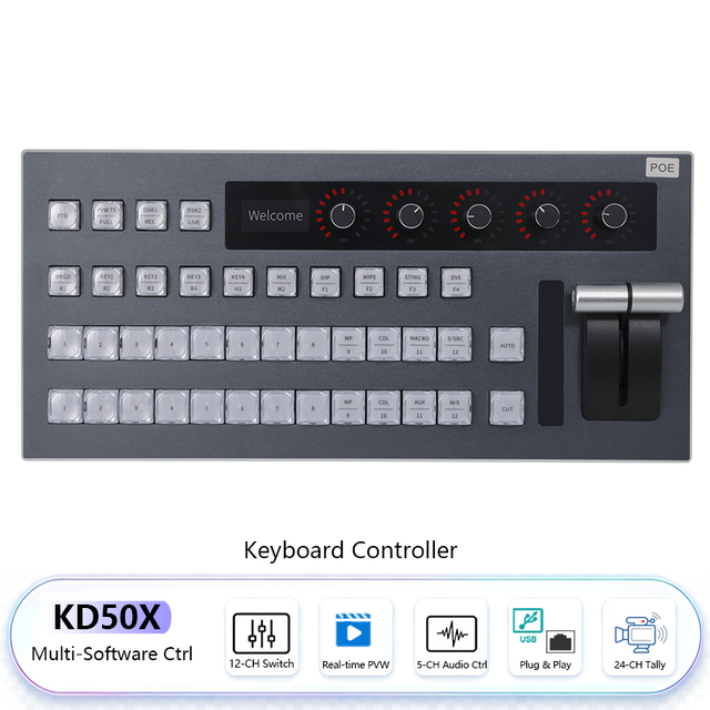 ATEM Control Panel 12CH PGM PVW Video Switcher Controller T Bar Tally OLED Aluminum Alloy USB LAN PoE Mix/Dip/Wipe Factory