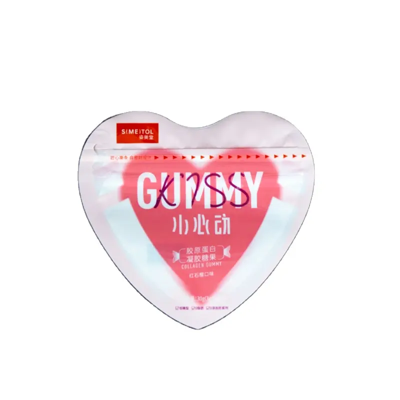 Sac en plastique de forme spéciale avec logo personnalisé pochette à sucre à fermeture éclair en forme de cœur