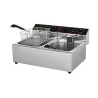 Freidora Eléctrica Comercial de Acero Inoxidable FQ DF-6L+6L con Doble Tanque de Aceite y Control de Temperatura Independiente, 2500W