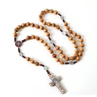 Collier Chapelet Catholique Perles 10mm Croix de Prière Jérusalem Bijoux en Bois Faits à la Main Transfrontaliers