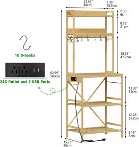 Étagère de cuisine en bambou durable Trironsun à 5 niveaux, à fixer <span class=keywords><strong>au</strong></span> <span class=keywords><strong>mur</strong></span>, avec étagères ouvertes et 10 crochets en forme de S, rangement utilitaire pour la cuisine (Nature) - Product Image 5