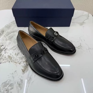 Black Genuine Leather Loafers <b>Round</b> Toe Slip-On <b>Cushioned</b> Office Career Men's Solid Color All Seasons Rubber Outsole - Product Image 1