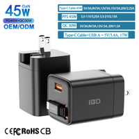 IBD produk baru GAN 45W pengisi daya yang dapat ditarik dengan kabel USB Tipe c EU UK AU Plug pengisian cepat pengisi daya ponsel Laptop grosir