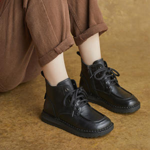 Bottes pour femmes en cuir de vachette véritable toutes saisons, à bout rond, à lacets, à plateforme et à talon compensé - Product Image 3