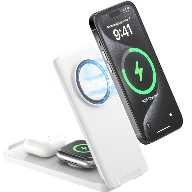 Factory Wholesale Multifunctional Wireless Magnetic Foldable Mobile Phone Holder Charger for IPhone, AirPods, IWatch
