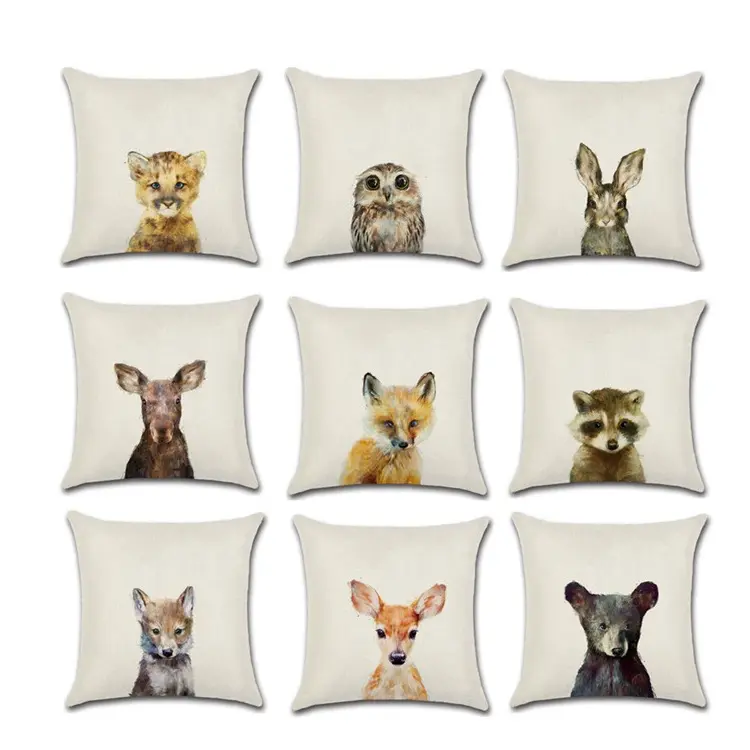 2024 Animal Wild Boar Owl Fox Panda Bear Cat Pillow Case Cotton Linen Cushion Cover Sofa Decorative Square 18 Inches