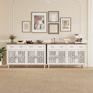 Vintage Sideboard Buffet Cabinet Hand Carved Geometric Doors 2 <b>Drawers</b> Light Wood Finish Contrast Design - Product Image 4