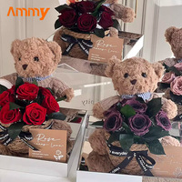 AM-PFE95 Boîte à fleurs en acrylique avec ours en peluche Ammy, décoration d'intérieur, cadeau de fête pour Noël, Halloween, Saint-Valentin
