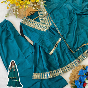 Teal Solid Silk Embroidered <b>Shawl</b> with Mirror Work Traditional Indian Pakistani Women's Wear Skin-Friendly Breathable - Product Image 6