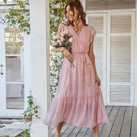 Shygimy — robe une pièce avec ceinture pour femme, tenue Vintage à manches courtes, col en V croisé, en mousseline de soie, imprimé Floral, style Boho décontracté, Maxi, été