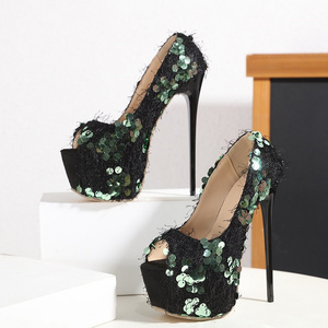 Tacones Talon Haut Sexy Platform Peep Toe 16CM <b>Pumps</b> 2025 Sequins Nightclub <b>Black</b> Shoes Stiletto High Heels for Women - Product Image 3