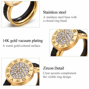 Anillo de acero inoxidable con detalle focal redondo, chapado al vacío en oro de 14K con circonita - Product Image 3