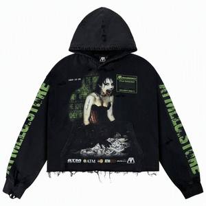 Sweat à capuche zippé pour homme, style hip-hop, effet usé et déchiré, avec logo personnalisé, streetwear vintage, coupe ample et oversize, épais et lourd - Product Image 2
