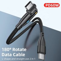Cable USB Tipo C a C PD de 60W, 3A, Carga Rápida, Transferencia de Datos, Cabezal Giratorio de 180 Grados en Ángulo Recto, para Teléfono y Computadora