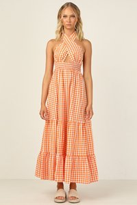 Abito Lungo Estivo Personalizzabile con Motivo a Quadretti Arancioni, Sexy con Incrocio Frontale, Collo all'Americana e Schiena Scoperta - Product Image 3
