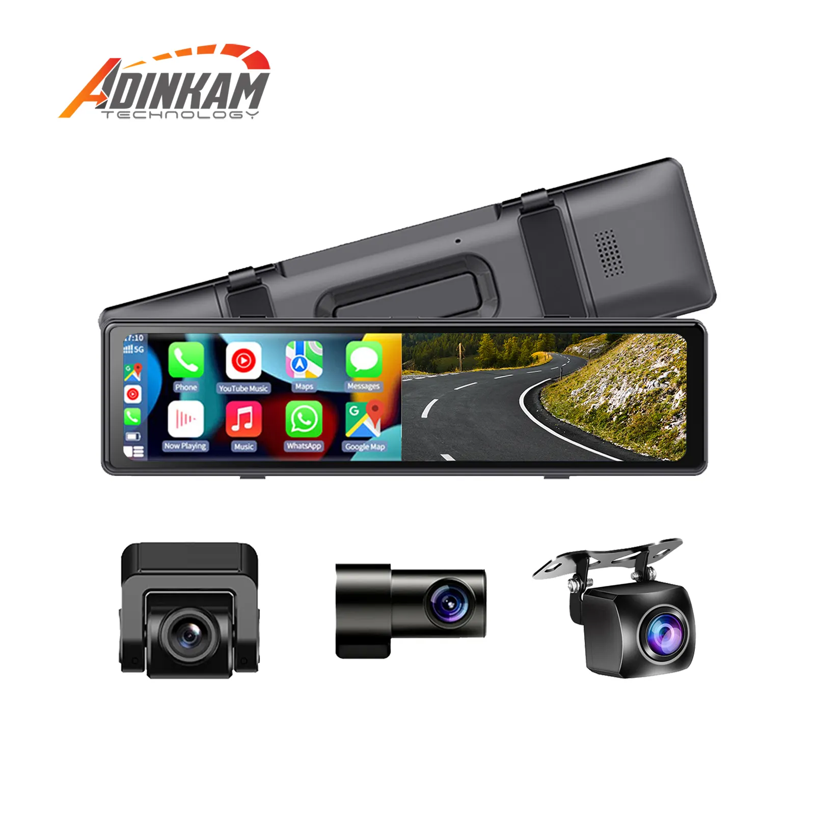 12" V31 Wireless Carplay Rearview Mirror Dash Cam and Wireless Android Auto with 3 Channel Lens Camera DVR Recorder with WIFI FM